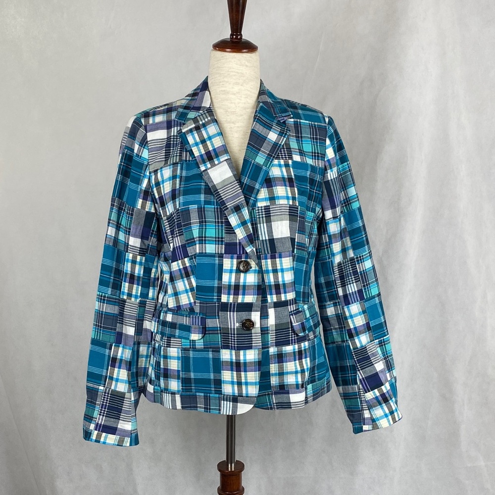 NWT Talbots Patchwork Madras Teal Blue, White & Black Plaid Blazer - Size 10